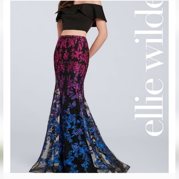 ELLIE WILD Mon Cheri Black and Purple High-Low Trumpet Maxi Skirt  Size 8 - Picture 1 of 11